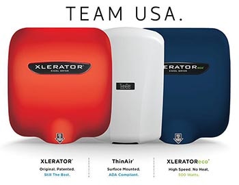 Red, white, and blue hand dryers by Excel Dryer made in the USA.